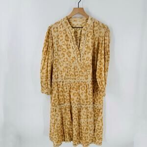 Lola Australia Leopard Print Cotton Boho Tiered Midi Dress Tan Beige Size M